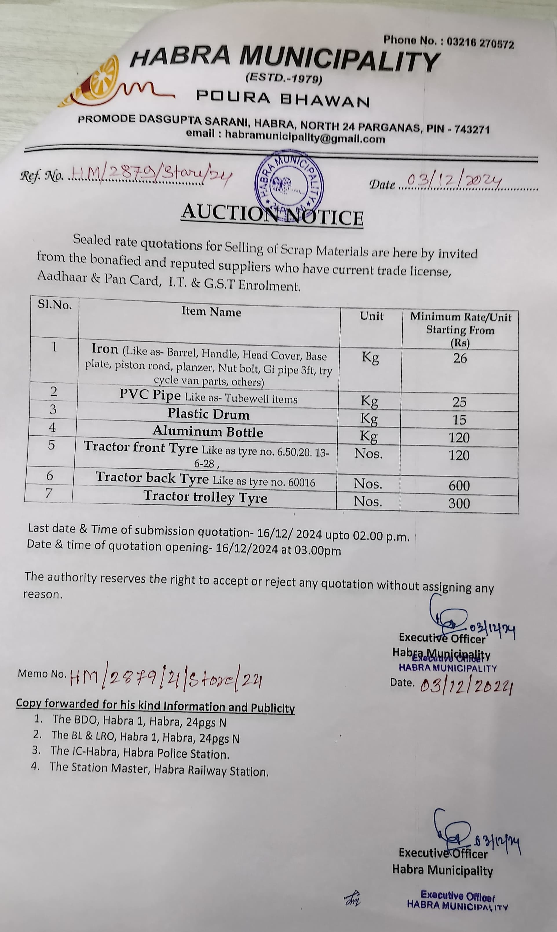 Auction notice of scrap materials